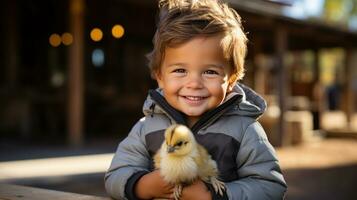 AI generated A young boy grins widely as he holds a tiny and curious baby chick in his hands. photo