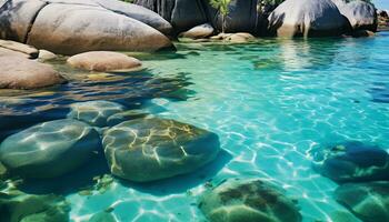 AI generated Large smooth stones with turquoise water photo