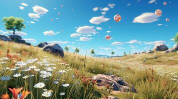 AI generated A grassy meadow with a clear blue sky and Easter eggs scattered throughout. photo