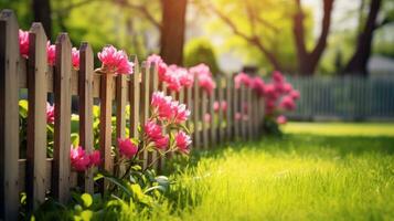 AI generated An idyllic spring garden scene with a wooden fence and green grass, photo