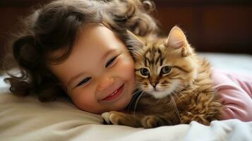 AI generated An adorable toddler giggles with delight as she snuggles a fuzzy little kitten in her arms. photo