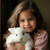 AI generated A young girl gently cradles a fluffy white bunny, both with peaceful expressions on their faces. photo