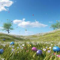 ai generado un herboso prado con un claro azul cielo y Pascua de Resurrección huevos dispersado a lo largo de. foto