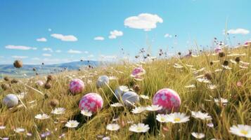 AI generated A grassy meadow with a clear blue sky and Easter eggs scattered throughout. photo