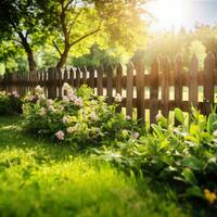 ai generado un idílico primavera jardín escena con un de madera cerca y verde césped, foto