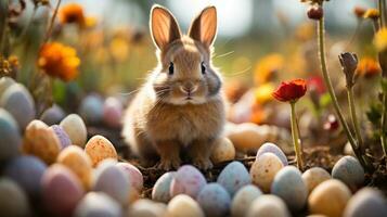 AI generated A cute bunny surrounded by colorful eggs and sitting in a grassy field photo