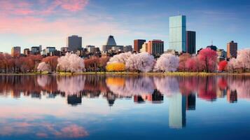 ai generado un ciudad horizonte reflejado en un calma cuerpo de agua, foto