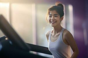 AI generated a woman smiling while exercising on a treadmill photo