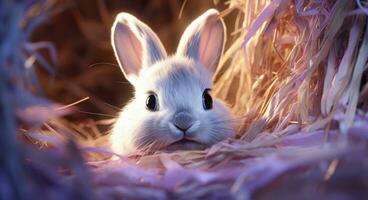 AI generated a floppy rabbit in hay peeking out, soft edges and blurred details photo