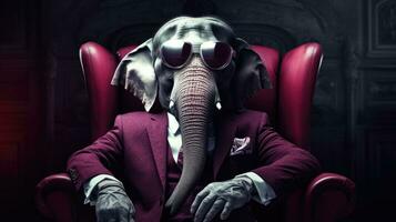 ai generado un elefante tiene Gafas de sol y un traje en como él se sienta en un silla, foto