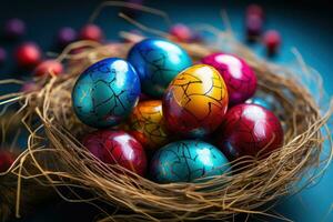 AI generated colorful easter eggs in a nest framed with beautiful colors of rainbow over bluish sky photo