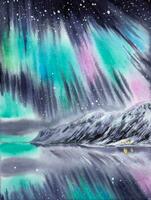 Hand painted watercolor northern lights landscape. Watercolor aurora borealis. Watercolor winter landscape. vector
