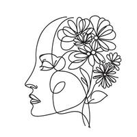 minimalista línea Arte de un mujer cara con flores vector