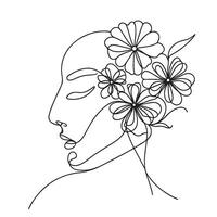 Minimalistic Line Art Of Woman's Face With Flowers vector