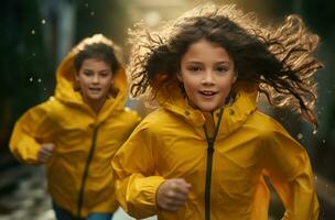 AI generated two young girls playing in rain, photo