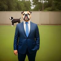 ai generado empresario con un Inglés buldog perro cabeza en un traje. aislado antecedentes. antropomórfico animales foto