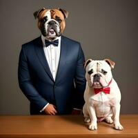 ai generado empresario con un Inglés buldog perro cabeza en un traje. aislado antecedentes. antropomórfico animales foto