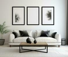 AI generated a black and white living room with two framed posters, photo