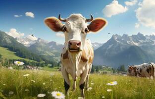 AI generated a cow is standing in a meadow in front of mountains, photo