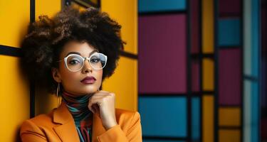 AI generated a black woman in glasses is posing with a brightly colored background, photo