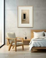 AI generated rendering of a room with a chair, chair, wall frame and neutral bedding photo