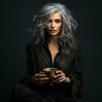 ai generado un 40 año antiguo mujer con gris pelo participación un taza y café, foto