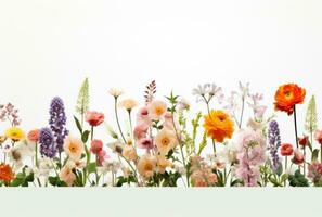 ai generado un arreglo de flores arreglado en un fila, foto