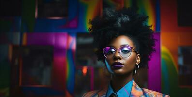 AI generated a black woman in glasses is posing with a brightly colored background, photo