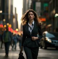 AI generated a business woman in a business suit walking down the street, photo