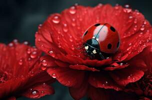 ai generado un dama error en parte superior de un rojo flor, foto