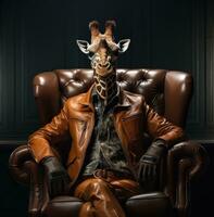 AI generated a giraffe wearing an outfit is sitting in a leather chair, photo