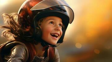ai generado un niño vistiendo un casco en un bicicleta mientras ella sonriente, foto