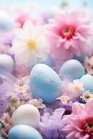 AI generated A soft pastel background with Easter eggs and flowers in shades of pink, blue, and lavender. photo