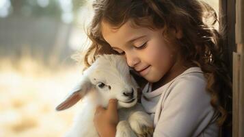 AI generated A young girl looks on in wonder as a baby goat nuzzles affectionately against her hand photo