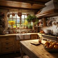 AI generated A rustic and inviting kitchen, complete with wooden countertops and vintage decor, photo