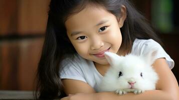 AI generated A young girl gently cradles a fluffy white bunny, both with peaceful expressions on their faces. photo