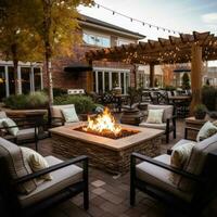 AI generated An outdoor patio with a fire pit and comfortable seating, photo