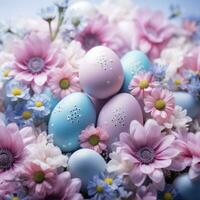 AI generated A soft pastel background with Easter eggs and flowers in shades of pink, blue, and lavender. photo