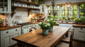 AI generated A rustic and inviting kitchen, complete with wooden countertops and vintage decor, photo