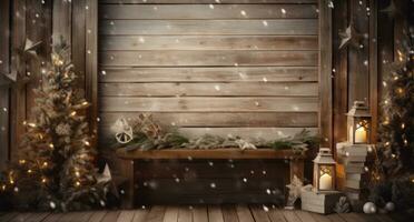 AI generated bokeh background with light effects on wooden floor and winter decorations, photo