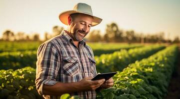 AI generated farmer using tablet in the field, glorious, salvagepunk, photo