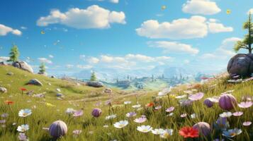 AI generated A grassy meadow with a clear blue sky and Easter eggs scattered throughout. photo