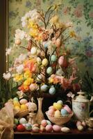 AI generated A classic Easter scene featuring a basket of eggs and a decorated Easter egg tree photo