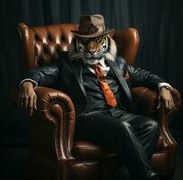 AI generated a tiger sitting in the suit and hat, photo