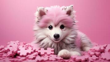 AI generated a pink furry dog that looks very sly, photo