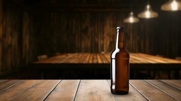 AI generated Beer bottle with blank front, realistic on a mockup template in a wooden table in a irish pub photo