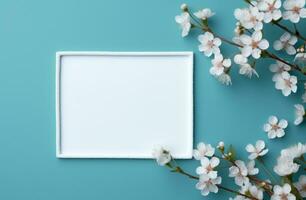 ai generado un rectángulo marco con delicado blanco flor pone en un azul mesa, foto