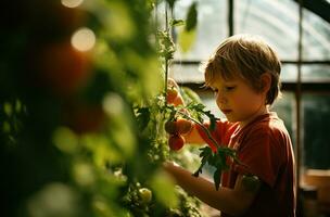 AI generated a young boy picks a tomato in a greenhouse on the sunny day, photo