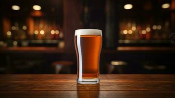 ai generado cerveza vaso con blanco frente, realista en un Bosquejo modelo en un de madera mesa en un irlandesa pub foto