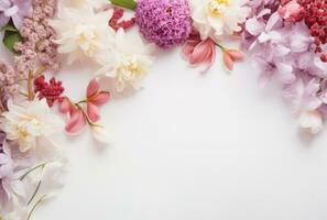 AI generated beautiful spring flowers arrangement on white paper copy space with flat lay, photo